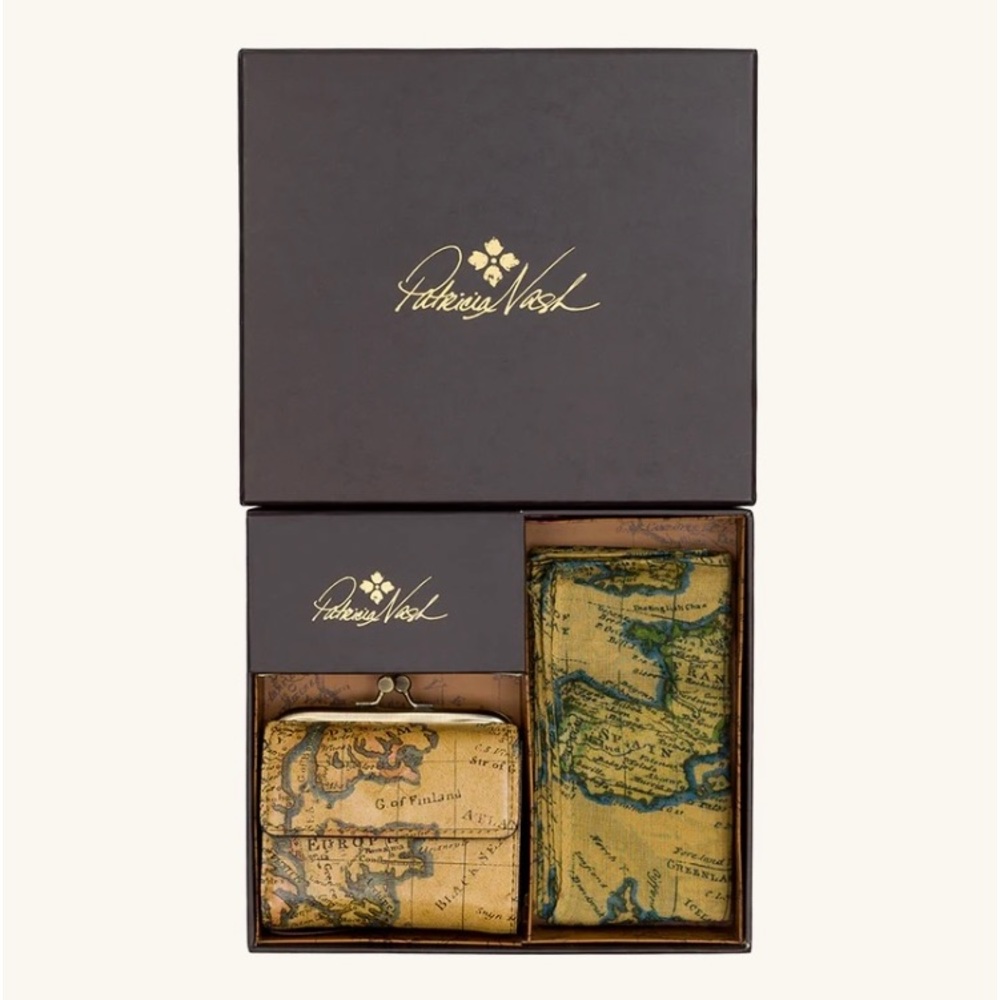 New Patricia Nash Leather European Map print Aster Wallet and Scarf